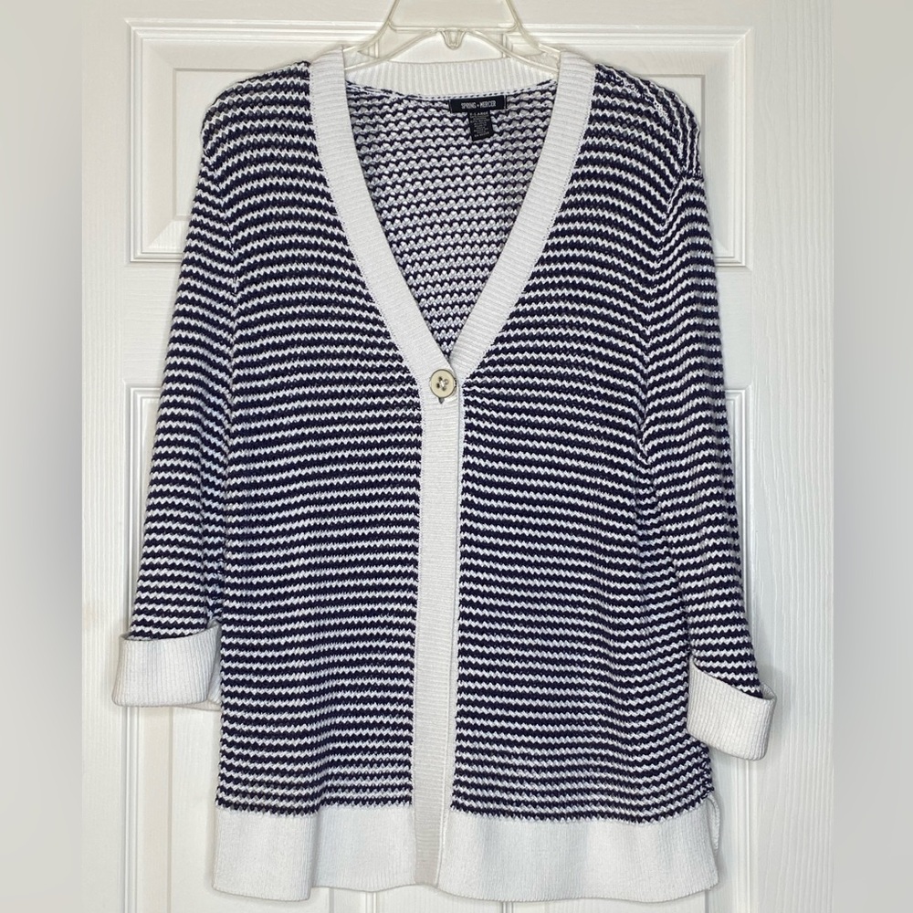 Women's Spring + Mercer Cardigan White and Blue Knit Cotton Blend One Button XL